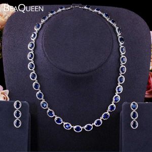 BeaQueen Impressionante Grande Oval Azul Azul Cúbico Zircônia Pedras Brincos Colar Gargantilha Conjuntos de Jóias de Casamento para Mulheres JS272 H1022