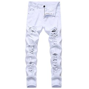 Erkekler Yırtık Kot Beyaz Kırmızı Siyah Streç Slim Fit İlkbahar Sonbahar Kot Pantolon Sıkıntılı Hip Hop Streetwear Biker Jeans Pantolon X0621