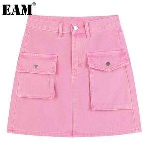 [EAM] Wysoka talia różowa kieszeń denim asymetryczna elegancka kieszeń pół-ciało spódnica kobiet moda wiosna lato 1dd7835 21512