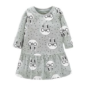 Jumping Meters Long Sleeve Animals Print Cotton Princess Dresses for Autumn Spring Children's Clothing Cartoon Kids Costume 210529