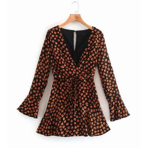 Kvinnor sommar vintage mini klänning blommig utskrift sashes bow tie v-neck es kvinnlig elegang a-line vestidos ww6669 210513