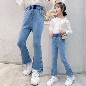 Jeans 2021 mode flare för tjejer småbarn baby vårkläder hög midja stretch denim byxa eleganta barn smala byxor