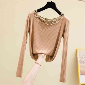 WWENN Sexy Korean Women Fashion Off Shoulder Tshirt Tunic Tops Long Sleeve Soft T-shirt Hollow Out Black White 210507