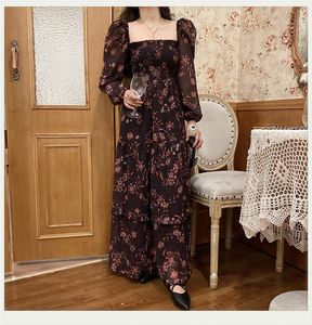 Wiosna Lato Plus Rozmiar Damska Sundress Floral Vintage Sukienka Z Długim Rękawem Szyfonowe Maxi Sukienki Koreański Styl Femme Robe 3XL 4XL 210514
