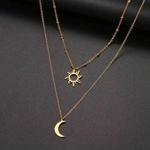 Stainless Steel Fashion Pendant Multi-layer Style Sun Totem Moon Beaded chain Necklace For Women Jewelry Party Friend Gifts NEW G1206