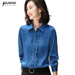 Blaues Chiffon-Hemd Frauen-Langarm-Herbst-High-End-Design-Temperament All-Match-Seideblusen Büro-Damen-formale Arbeit Top 210604