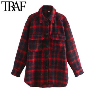 TRAF Women Fashion With Pockets Loose Tweed Jacket Coat Vintage Long Sleeve Side Vents Female Outerwear Chic Tops 210415