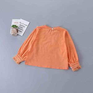 2-7 년 고품질 소녀 의류 가을 캐주얼 패션 아이 어린이 셔츠 옷 솔리드 오렌지 블라우스 210615