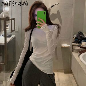 Матакава длинные рукава женщины футболка осень корейский тонкий тонкий сексуальная футболка круглая шея сплошная цветная топ 210513