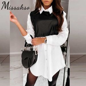Missakso Fashion PU Leather Patchwork Shirt Dress Spring Autumn Turn-Down Collar Button Long Sleeve Casual White Mini Dress 210625