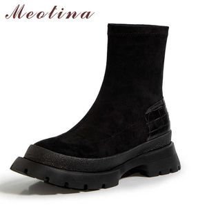Meotina Gerçek Deri Platform Orta Topuk Ayak Bileği Çizmeler Kadın Ayakkabı Yuvarlak Ayak Tıknaz Topuklu Thips Streç Kısa Çizmeler Siyah Sonbahar 210608