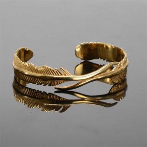 Gold Color Feather Stainless Steel Bracelet Men Open Cuff Bangles Bracelets for Women Punk Men Jewelry Couple Pulseira Masculina Q0717