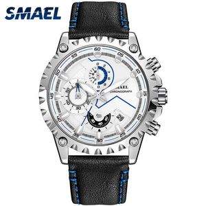Ny Smael Watch Recreational Mäns Läderband Mode Casual SL-9006Vaterålig slitstarkt glas Män Quartz Klockor Q0524