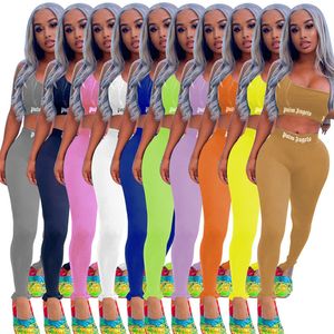 Partihandel Kvinnor Tracksuits Ärmlös Byxor Outfits Två Pieces Set Top Sportswear Ladies Leggings Passar 2021 Typ Sälj KLW6409