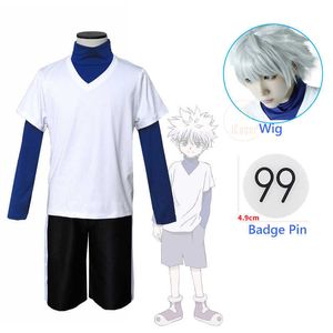 Hunter x Hunter Killua Zoldyck Cosplay Costume Number 99 Badge Halloween Christmas Party Cosplay Suit Shirt Short White Wig Y0903