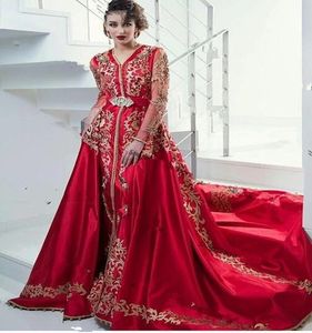 Delicado vermelho e ouro marrocos kaftan vestidos de noite formal cristais de frisado apliques lace mangas compridas luxo peru saudita árabe dubai cetim vestidos de festa de formatura 2021