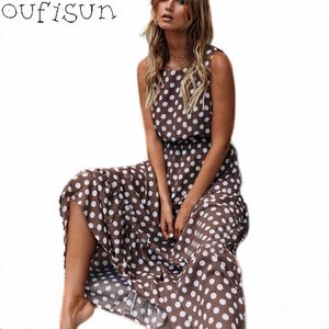 oufisun 여름 민소매 폴카 도트 드레스 보헤미아 오프 숄더 드레스 패션 우아한 갈색 뉴 긴 드레스 Vestido 210331