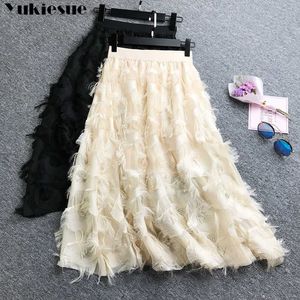 high waist Women's skirt s woman fashion pleated womens jupe femme beach long maxi tulle tassel 210608