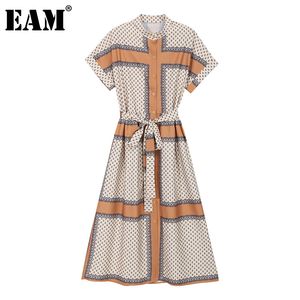 [Eam] Mulheres Laranja Padrão Impresso Vestido Longo Carrinho Collar Manga Curta Solta Fit Moda Primavera Verão 1d8696 21512