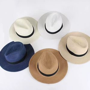 Summer unisex Ribbon sun hats casual vacation Panama Topper straw hat women Beach jazz men Cap Foldable Chapeau