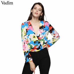 Kvinnor V Neck Blommor Färgglada Skriv ut Bodysuits Korsdesign Långärmad Playsuits Kvinna Streetwear Toppar Blusas KZ1203 Q190507