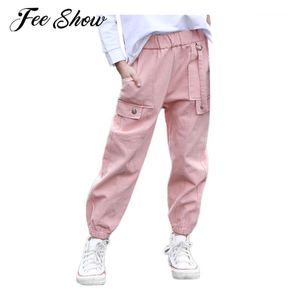 Fashion Kids Cargo Pants For Teen Girls Cotton Solid Color Loose Elastic Waistband Jogger Children Trousers Streetwear