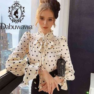 Dabuwawa Vintage Beige Polka Dot Print Bow Bluzka Kobiety Wiosna Jesień Słodkie Ruffle Sleeve Shirts Topy Office Lady Do1ast033 210520