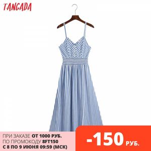 Tangada Summer Women Blue Striped Print Vestito estivo senza maniche Abiti longuette senza schienale Vestidos 6Z96 210609