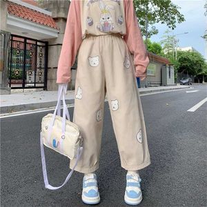 Japoński Kawaii Soft Girl Cute Bear Printing Kobiety Spodnie Base Wild High Paist Luźne Spodnie Elastyczny Talia Dorywczo Student Pet 211112 \ t