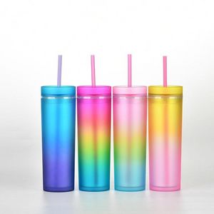 Gradient Rainbow Color Water Cup Teacup Multicolor 16oz Straight Cup Double-layer Plastic Straw Cups gyq