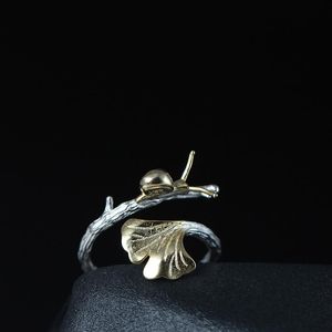Klaster pierścienie 925 Sterling Silver Chinese Style Literacki Proste Ginkgo Leaf and Snail Otwarte pierścień Kobiety Kreatywny Unikalne Akcesoria Biżuterii