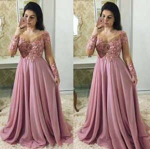 Tozlu Pembe Anne Gelin Elbiseleri Ile Uzun Kollu Sheer Jewel Boyun Düğün Konuk Elbise Çiçek Dantel Şifon Artı Boyutu Abiye giyim