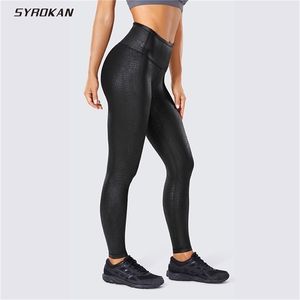 Syrokan mulheres fosco revestido de couro textura de couro treino leggings esporte mulheres fitness malha apertado calças com drawcord