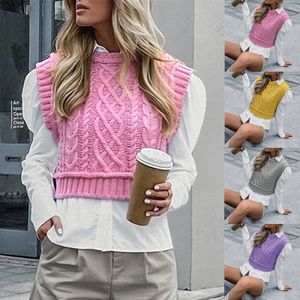 Qnpqyx ny rosa kabel-stickad sweater väst kvinnor vintage hög nacke ärmlös beskuren tröja väst kvinna mode söta västar toppar