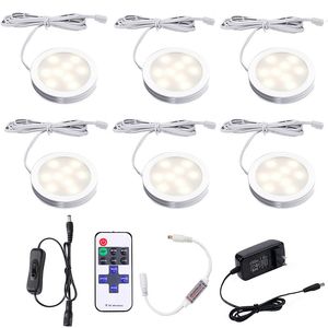 LED under skåpet Ljuskit Dimmerbar nattlampa 6PCS Ultra Slim Puck Lights Set för Counter Showcase Köksbelysning med 12V Adapter RF Remote