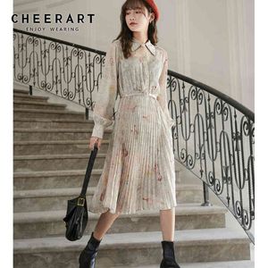 Peter Pan Collar Chiffong Satin Long Pleated Dress Women Sleeve Vintage Print Lantern Korean Ladies 210427