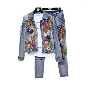 Europäischen Stil Mode Hosen Outfits Frauen Langarm Blume Pailletten Denim Kurze Jacke + Jeans Zweiteilige Set Weibliche Flut H957 frauen Trac
