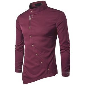 Europeisk och amerikansk stil ungdomskjorta Personlighet Diagonal Button Front Dovetail Stand Collar Mäns Långärmad Mens Klänning T shirts