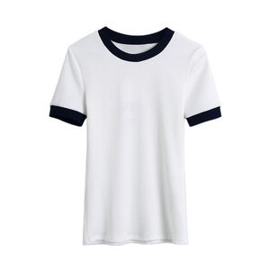 ファッションパッチワークリブ付きトリムホワイトTシャツ女性ヴィンテージoネック半袖女性トップティーマザー210430