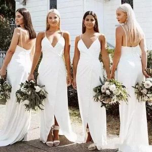 White Chiffon Bridesmaid Dresses Sleeveless Spaghetti Straps Floor Length Sheath Front Slit Custom Made African Maid Of Honor Gown Country Wedding Vestidos