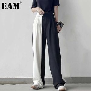 [EAM] High Elastic Waist Black White Spliced Casual Trousers New Loose Fit Pants Women Fashion Tide Spring Summer 2021 1DD8329 Q0801