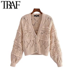 Women Fashion With Faux Pearl Buttons Cropped Knit Cardigan Sweater Vintage Long Sleeve Female Outerwear Chic Tops 210507