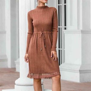 Lace Dress Sweater Kvinnor Höst Vinter Mode Casual Turtleneck Långärmad Bodycon Stickad Vestidos 210508