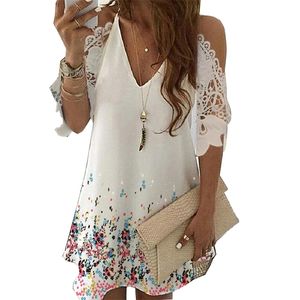 Sexig V Neck Lace Half Sleeve Floral Print Loose Dress Women Causal Off Shoulder Mini Kvinna Sling Party Es Plus Size 210522