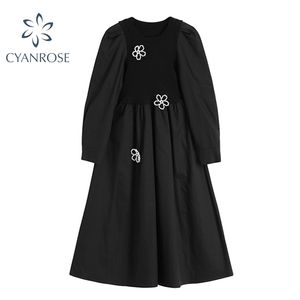 Vintage manga comprida malha retalhos goth vestido mulheres outono harajuku bordado floral um-linha preto gótico 210515