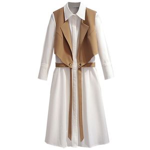 Vest Tops Suits Designer Autumn Long Shirt Two Piece Set Women Turn Down Collar Office OL White Dress 210510