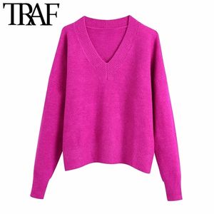 TRAF женская мода мягкая связь свободно вязаный свитер винтаж V шеи с длинным рукавом женские пуловеры шикарные вершины 211218