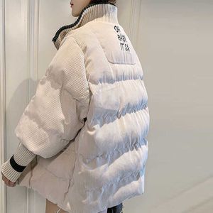 코튼 패딩 코듀로이 자켓 여성 느슨한 겨울 streetwear 따뜻한 코트 화이트 오버코트 210531
