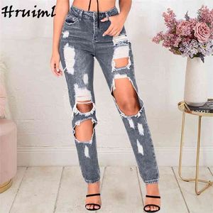 Big Hole Jeans Moda Personalizado Streetwear Roupas para Mulheres Casuais Lote Sólida Cor Comprimento Completo Mujer Pantalones 210513