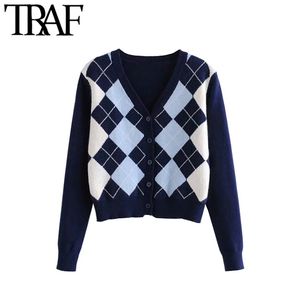 TAF Women Cardigan Vintage Stylowe Geometryczne Wzór Krótki Trykotowy Sweter Moda Z Długim Rękawem Anglia Styl Odzieży Outerwear Chaqueta 210415